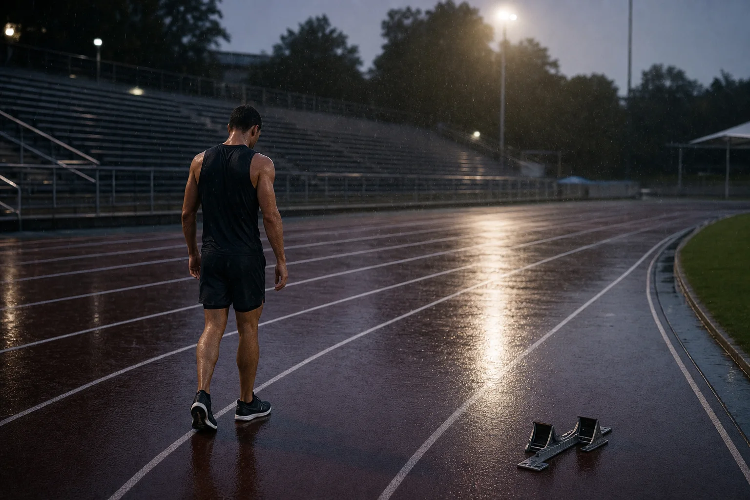 Independent track athlete continuing to train in the rain